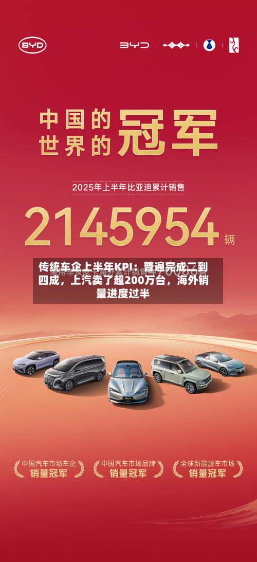 传统车企上半年KPI：普遍完成二到四成，上汽卖了超200万台，海外销量进度过半