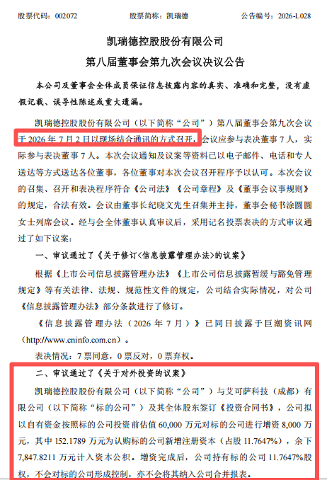 002072公告，8000万元对外投资